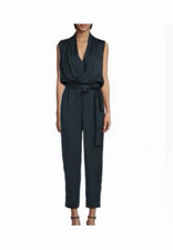 Reiss Women s Blue Viscose Solid Jumpsuit 2 Sleeveless V-Neck Tie Waist Pockets