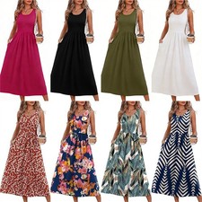 Women's Ladies Dress A-Line Sleeveless Casual Sundress with Pockets Floral/Solid