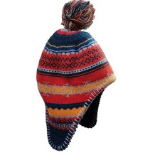 L.L. Bean Nordic Fair Isle Pom Beanie Hat Fleece Lined Ear Flaps Kids S M