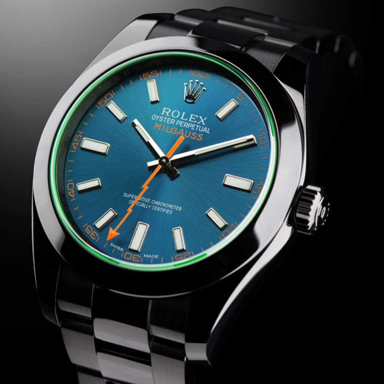 Rolex Milgauss 40mm Green Crystal Blue Dial Black PVD/DLC Steel Watch 116400GV image 6