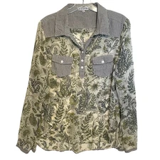 Adore Sheer Floral & Striped Twill Mixed Media Top Women's XL Green Gray Button 