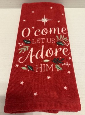 O Come Let Us Adore Him Red Christmas Kitchen Towel