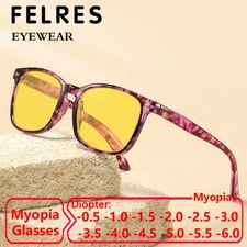 New Women Yellow Lens Myopia Nearsighted Glasses Oval Night Vision Sunglasses 