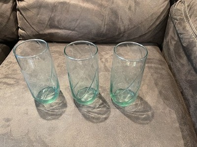 Set of 3 Nice Light BlueGlass TUMBLERS with a Wide Twisted Rib design; Libbey?