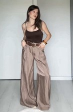 ZARA NUOVO PANTALONE DONNA VITA ALTA RASO GAMBA LARGA CINTURA MARRONE TORTORA TAGLIA S