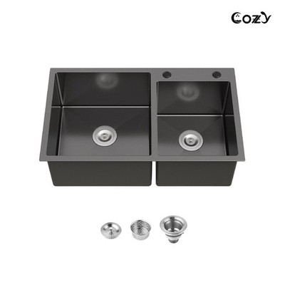 COZY Stainless Steel Kitchen Sink, 32'' Double Bowl Black Overmount