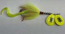 Vintage 5 3/4" Grim Reaper Dual Blade Bucktail Muskie Spinner Bait Yellow Hi Res