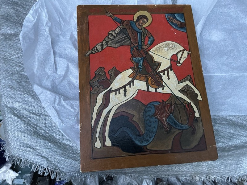 Russian Hand Painted Estate Fresh Icon St. George Killing The Dragon No Reserve