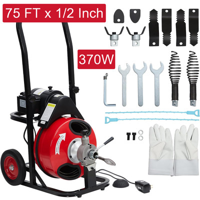 Auto Feed 75 FT x 1/2 Inch Drain Cleaner Machine 370W Portable Sewer Snake Auger