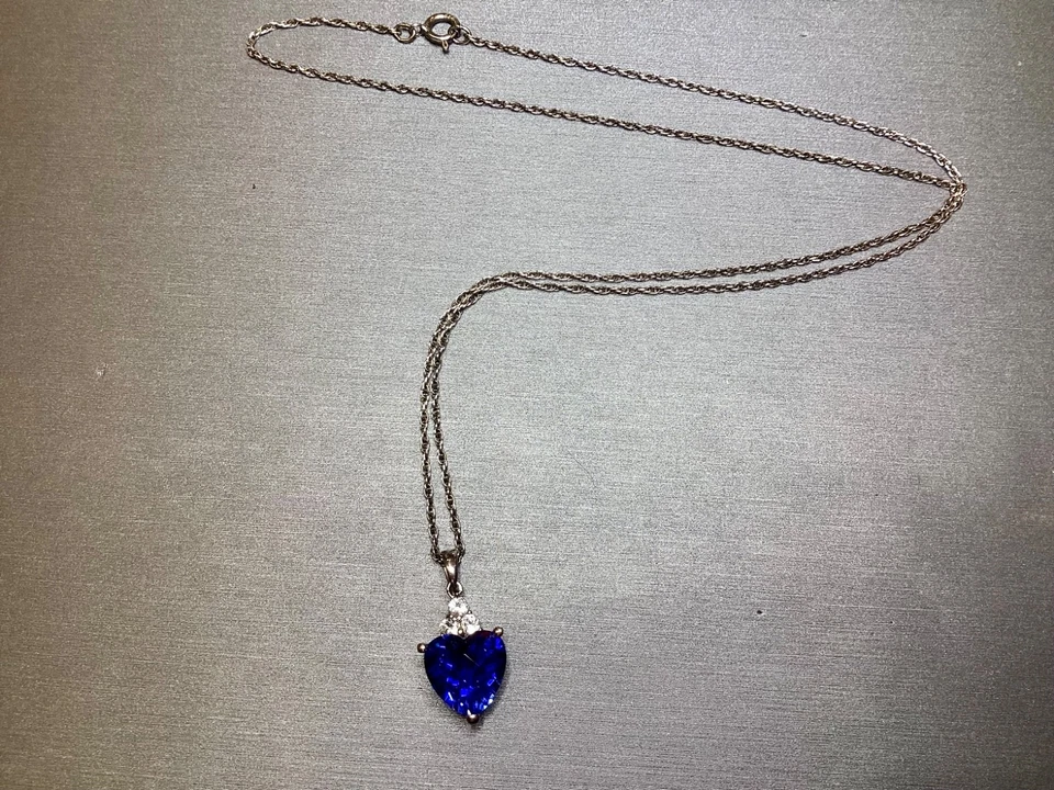 "Collar colgante corazón circonita cúbica zafiro simulado plata de ley 925 17,5"" joyería" Foto 3 de 4