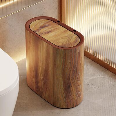 Decorative Wood Grain Trash Can with Lid | Faux Wood Finish Waste Bin