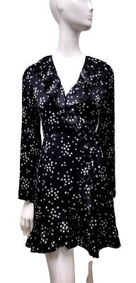 Women Black Satin Shinny Wrap Dress Long Sleeve XS COTTON CANDY Slim Twink Disco