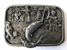 Vtg 1982 Siskiyou Pewter Belt Buckle 3D Fishing Scene Fisherman Forest Geese