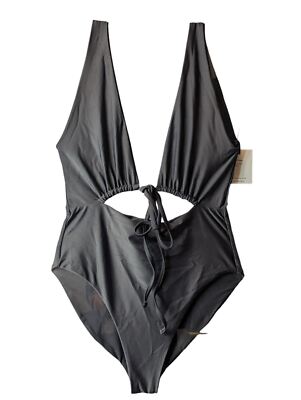 JADE SWIM Cava Swimsuit Tie Front Deep V Scoop Back One Piece Black S NEW RRP220