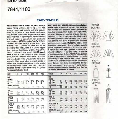 Jacket, Top, Pants & Skirt Sewing Pattern, Viking Vogue 7844 Sz 6 8 10 12 14 16 - Picture 2 of 2