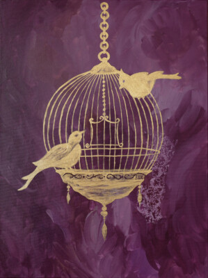 Aviva Armano Birdcage Gemälde Acryl Original Modern Gold Unikat Vintage AA1094