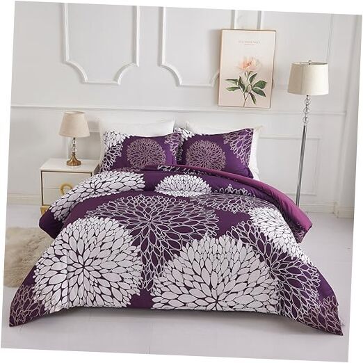 Purple Floral Comforter Set with Cute Flowers Full/Queen Purple White Floral