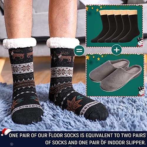 Mens Thick Cozy Fuzzy Knit Non-Skid Sherpa Fleece-lined Grid Slipper Socks LOT - Picture 5 of 13