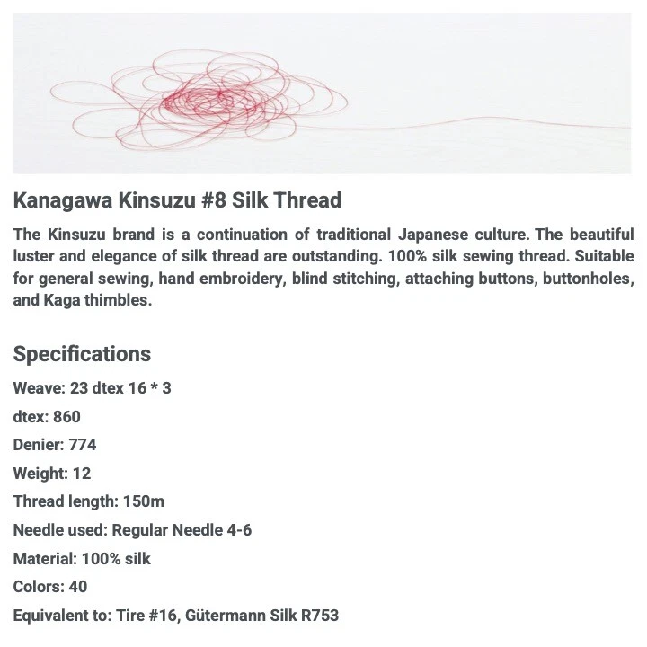 Kanagawa Kinsuzu 008 Silk Thread, 23 dtex 16x3, 150m, 40 Vibrant Colors - Image 2 of 4