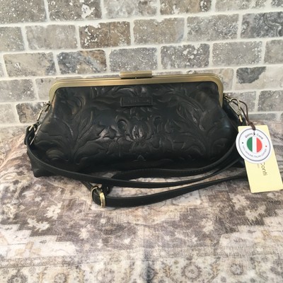 Gianni Conti Leather Embossed Framed Black Handbag Satchel Crossbody