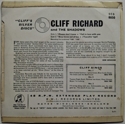 Cliff Richard & The Shadows - Cliff's Silver Discs - 7" Vinyl EP - ORI - (VG/EX) - Imagen 3 de 5