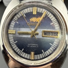 Vintage Men's Orient Automatic Watch 38mm Gold Tone Blue Dial 21 Jewels Day Date
