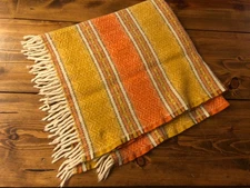 Vintage FARIBO 100 % Pure Wool Throw Lap Blanket Fringe MESA Orange Gold Cream