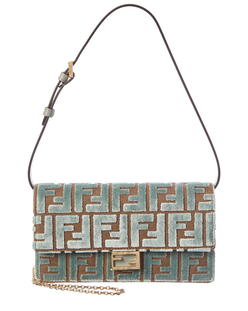 Fendi Baguette Ff Velvet - Leather Wallet On Chain Womens Green 222590₽