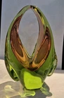 Murano Sommerso Art Glass Vase Basket Green Amber Mid Century 1960s Vintage