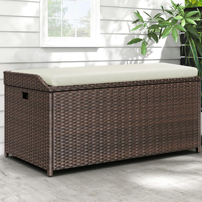 Outdoor Storage Bench, 70 Gallon PE Rattan Patio Storage Bench W/Handles and Sof