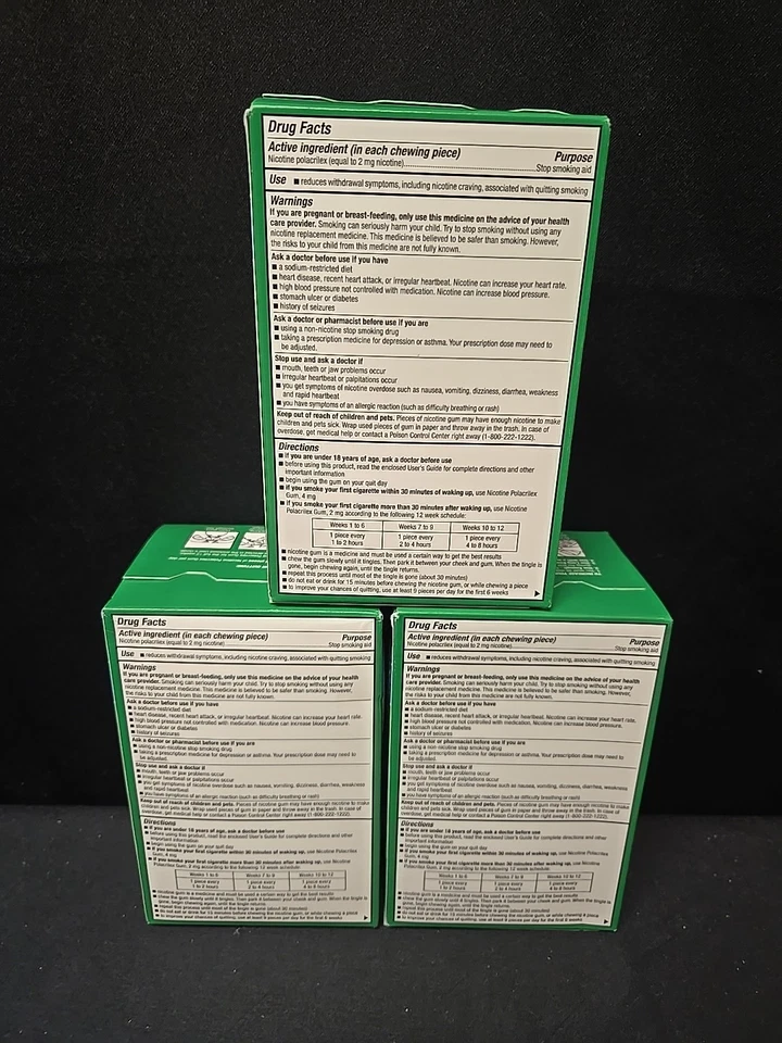 Lote de 3 piezas de goma de nicotina 2 mg 100 piezas cada una recubierta sabor fresco a menta caducidad 26/11 Foto 2 de 4