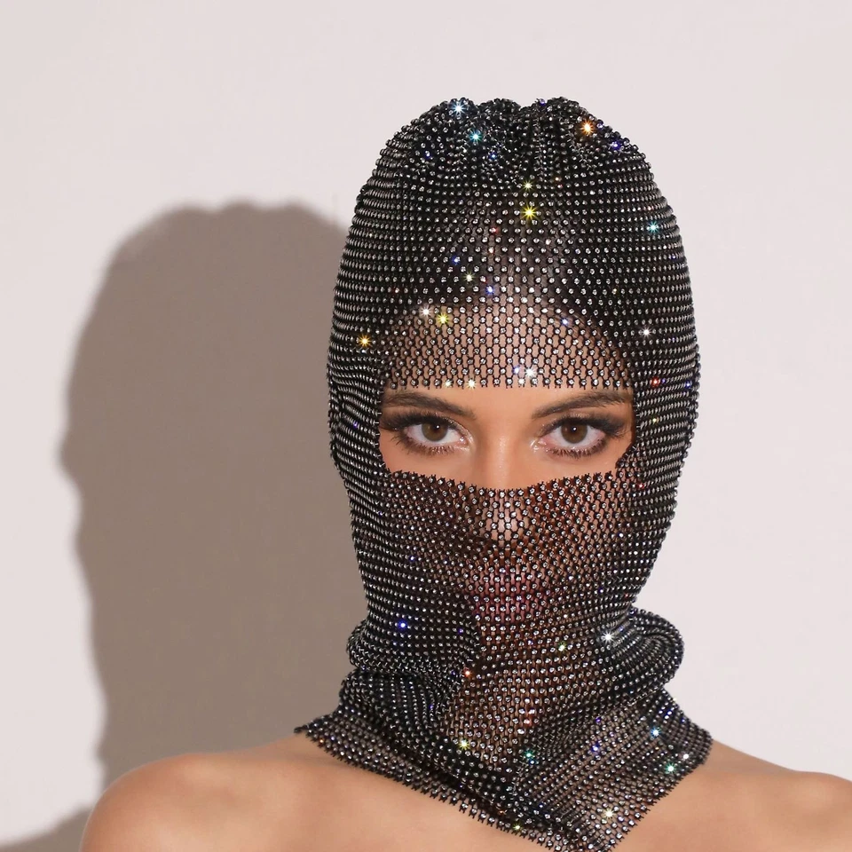 Women Crystal Bedazzled Full Face Balaclava Mesh Mask Veil See Through Headwear - Image 3 of 4