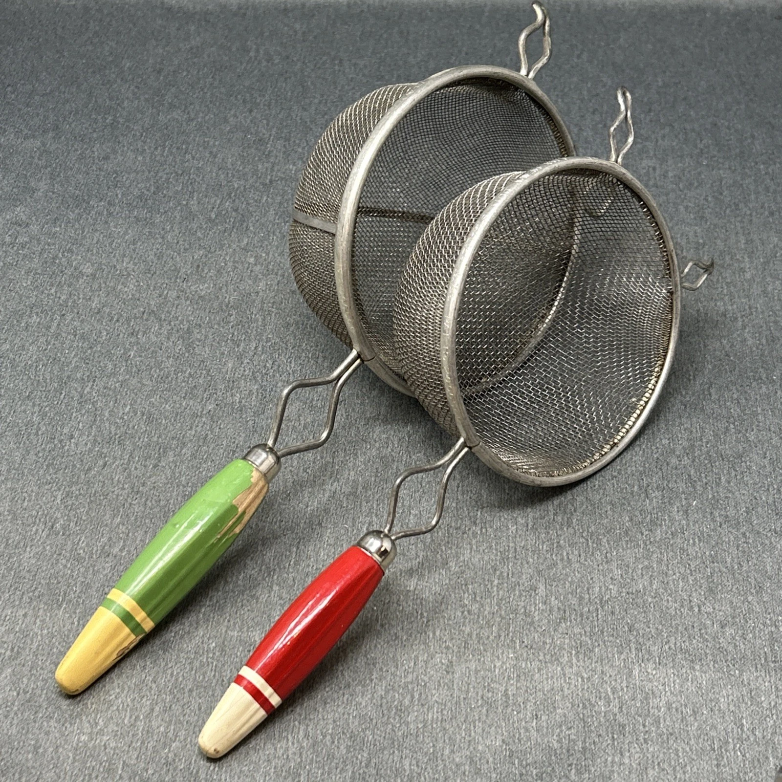 Vintage Kitchen AJAX Handheld Wire Mesh Strainer Set Chippy Painted Wood Handle