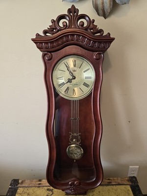 Regulator Wall Clock Quartz Pendulum Dark Mahogany Westminster Chime Wood Case