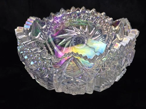 Vintage LE Smith EAPG Comet Star Clear Iridescent Carnival Glass Bowl 7.5"