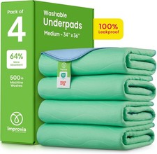 IMPROVIA  Washable Underpads, 34" x 36" Pack of 4 - Heavy Absorbency Reusable