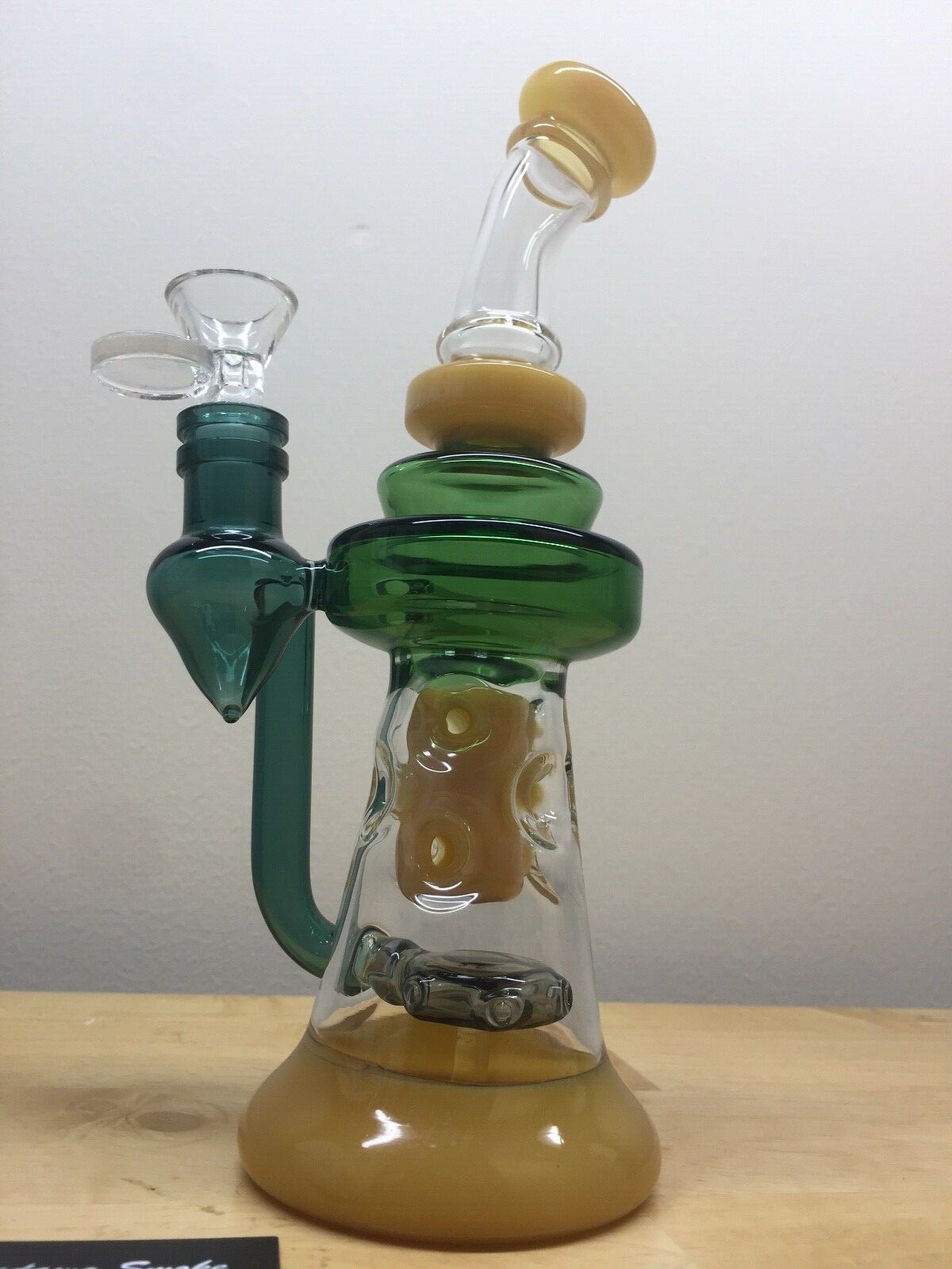 Clear/Yellow/G<wbr/>reen Blown Glass Perc Recycler Tobacco Water Pipe/Bong w/14mm Bowl
