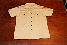 Boy Scouts of America BSA Men's Shirt Tan Medium Sewn Patches Short Sleeve