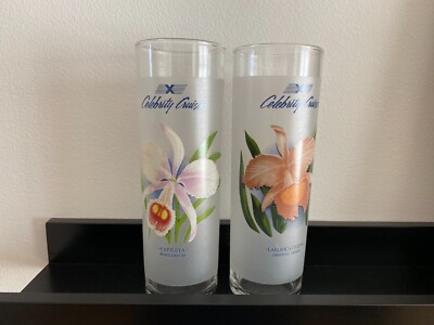 Celebrity Cruises Two Tall CATTLEYA LAELIOCATTLEYA Frosted Cocktail Glasses 7''