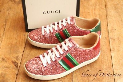 Gucci Ace Rosa Glitzer Leder Sneaker Turnschuhe Damen UK 2,5 US 5,5 EU 35,5