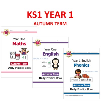 KS1 Year 1 Daily Practice Book Maths Phonics English 3 Books Autumn Ages 5-6 CGP