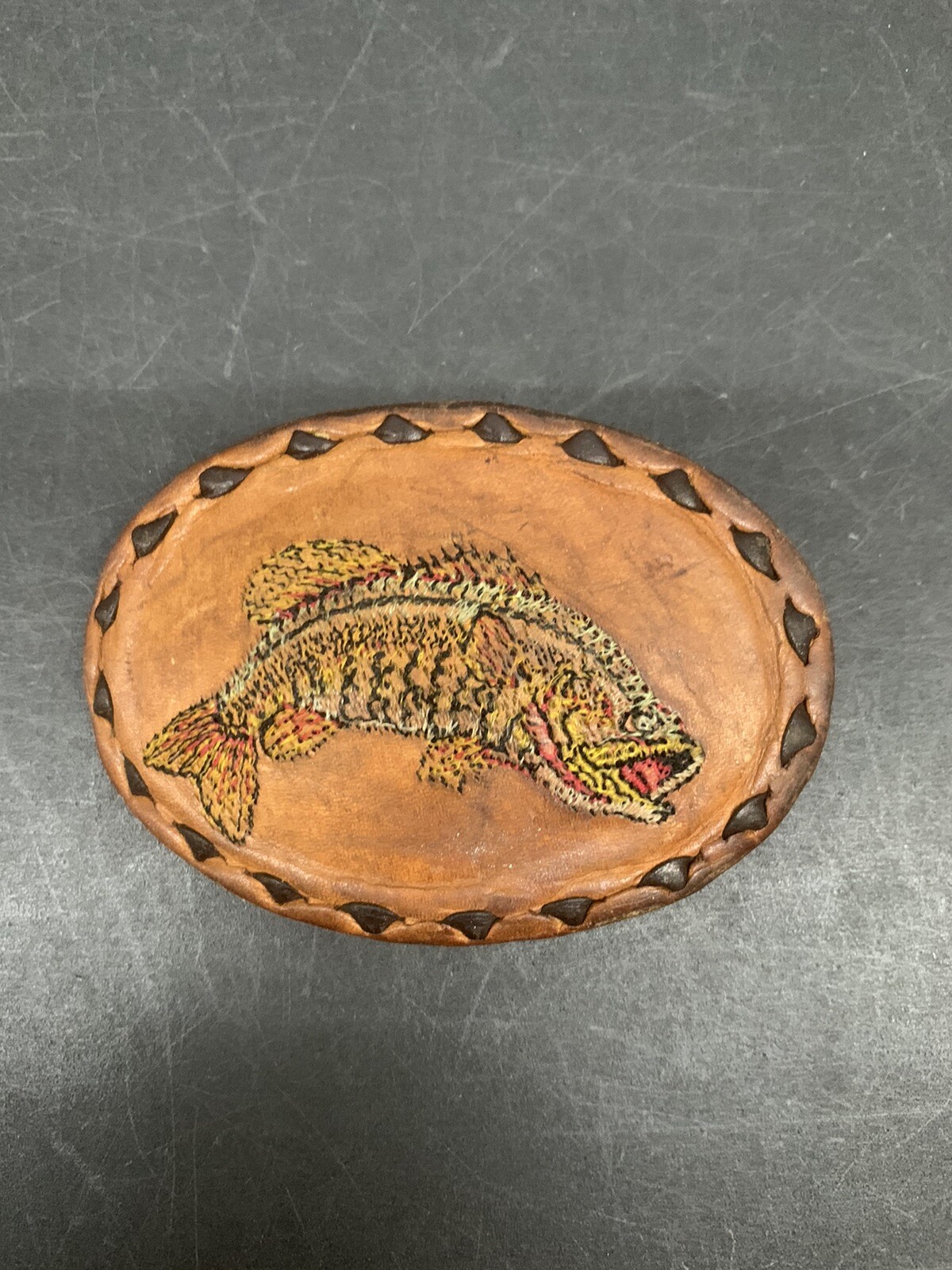 Colorful Leather Bass Fish Needlepoint Belt Buckle in Yellow and Red