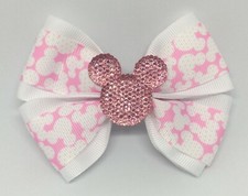 Girls Hair Bow 4" Wide Minnie Mouse White and Pink Barrette, Clip or Ponytail