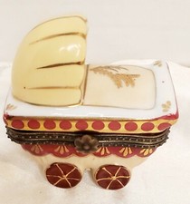 TRINKET BOX CERAMIC BABY CARRIAGE BURGUNDY AND GOLD