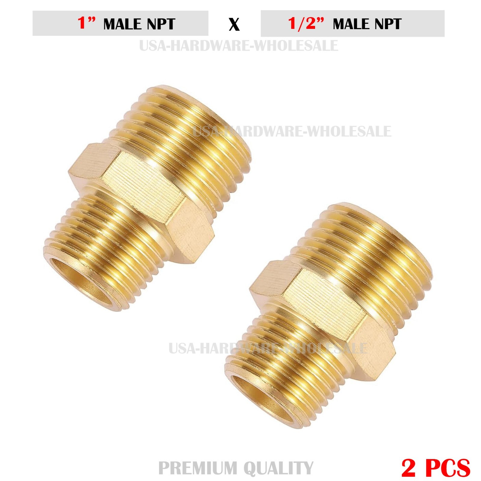 Brass Fitting Reducing Hex Nipple NPT 1" Male x 1/2" Male Fuel,Oil,Gas ( 2 PC)