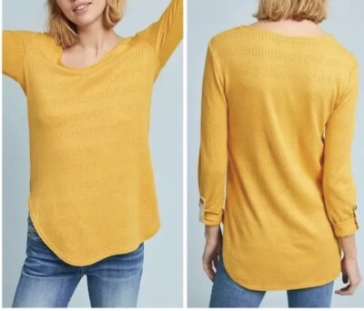 Anthropologie Akemi + Kin Yellow Sylvie Pointelle Tunic Size S Roll Tab Sleeves