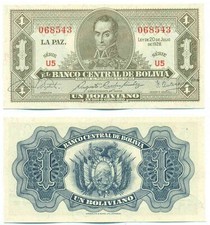 BOLIVIA NOTE 1 BOLIVIANO L. 1928 P 128a UNC