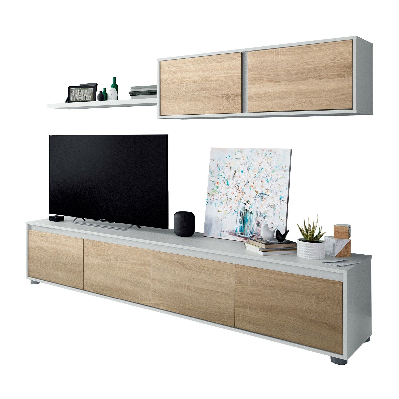 Mueble de comedor moderno salon completo, Blanco Artik y Roble Canadian, Alida