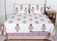 Indian Hand Block Pink Flower Print Bed Sheet Bedspread Queen Cotton Bedding Set