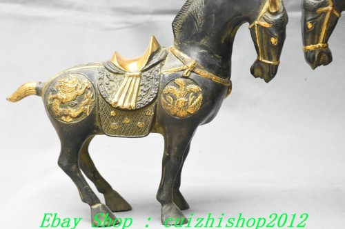 10" Old Chinese Bronze Gilt Feng Shui Success Horse Horses Animal Statue Pair - Picture 3 of 12